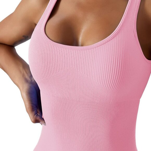 Women Ribbed One Piece Sleeveless Bodycon  Sport Shorts Gym Romper Jumpsuit - Picture 3 of 6